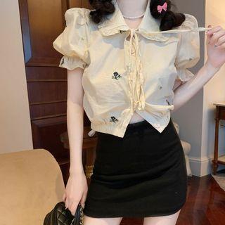 Short-sleeve Embroidered Peter Pan Collar Shirt Shirt - One Size