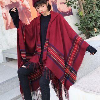 Fringed Plaid Hooded Poncho