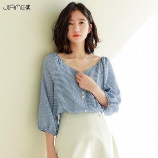 3/4-sleeve Plaid Blouse Blue - One Size