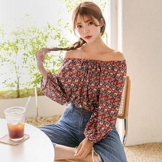 Off-shoulder Beribboned Floral Top