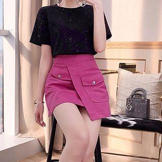 Set: Crew-neck Short-sleeve T-shirt + Pocket Detail Mini Skirt