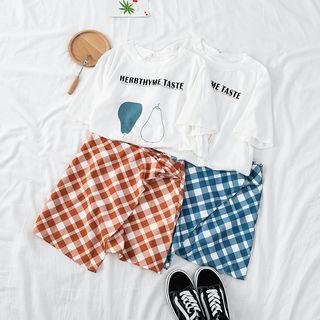 Short Sleeve Print T-shirt / Asymmetric Hem Plaid A-line Skirt