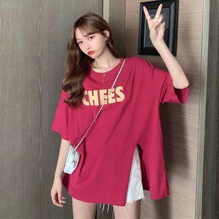 Elbow-sleeve Lettering Print Slit-hem T-shirt