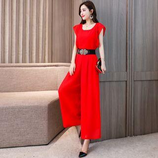 Set: U-neck Cap-sleeve Top + Wide-leg Pants