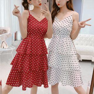 Dotted V-neck Spaghetti Strap A-line Dress