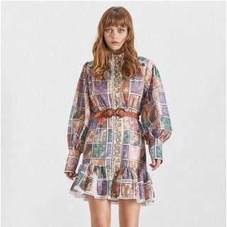 Print Balloon-sleeve Mini Shirtdress
