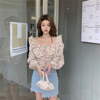 Puff-sleeve Floral Print Blouse Floral - Pink - One Size