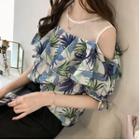 Elbow-sleeve Cold Shoulder Floral Blouse