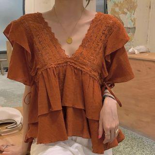 Short-sleeve V-neck Ruffle Trim Crop Top