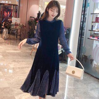 Long-sleeve Glitter Panel Midi A-line Velvet Dress