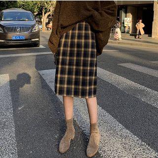 High-waist Plaid Straight-fit Midi Skirt
