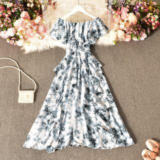 Tie-dye Print Ruffle Trim Midi A-line Dress