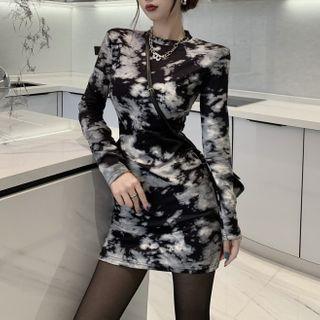 Long-sleeve Tie Dye Mini Dress Black - One Size