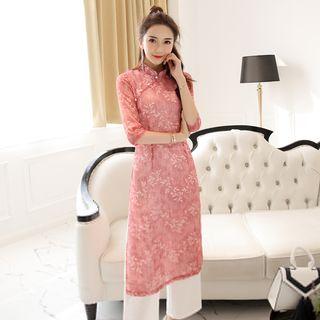 Set: Elbow-sleeve Slit-side Printed Top + Plain Pants