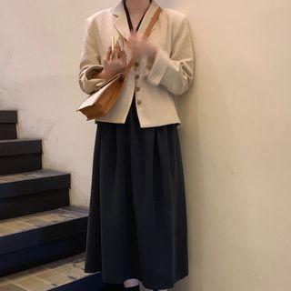 Lapel Collar Blazer / Puff-sleeve Midi Dress