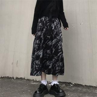 Elastic-waist Tie-dyed Slit-back Midi Skirt