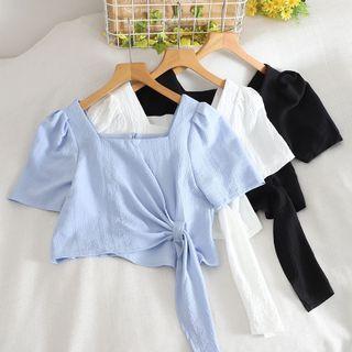 Short-sleeve Square-neck Asymmetrical Crop Top
