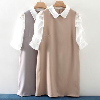 Short-sleeve Mesh Panel Plain Dress