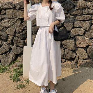 Puff Short-sleeve Top / A-line Midi Skirt