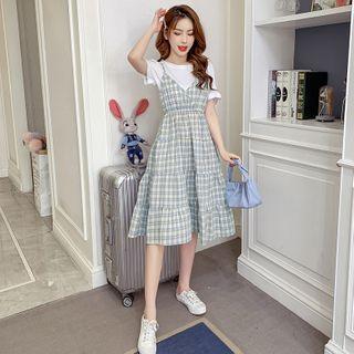 Set: Short-sleeve Shirred T-shirt + Plaid Midi Pinafore Dress