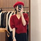 Elbow-sleeve Faux Fur Cardigan Red - One Size