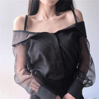Off-shoulder Mesh Panel Blouse