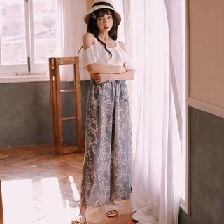Set: Ruffled Swim Top + Bottom + Floral Print Wide-leg Pants