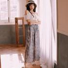 Set: Ruffled Swim Top + Bottom + Floral Print Wide-leg Pants