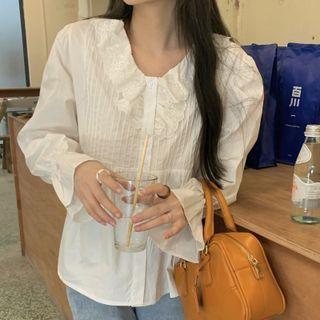 Bell-sleeve V-neck Ruffle Trim Shirt White - One Size