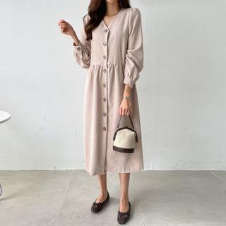 Button-front Corduroy Dress With Sash