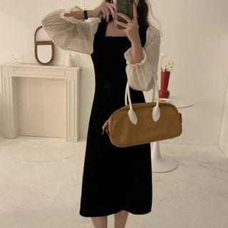 Mock Two Piece Long-sleeve Sheer Chiffon Midi Dress