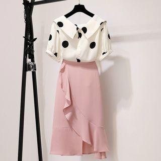 Set : V-neck Polka Dot Shirt + Plain Mermaid Skirt
