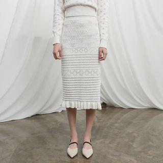 Band-waist Perforated Midi Knit Skirt