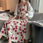 Spaghetti Strap Floral A-line Midi Dress / 3/4-sleeve Light Jacket