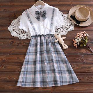 Short-sleeve Mock Two-piece Plaid Panel A-line Dress