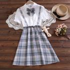Short-sleeve Mock Two-piece Plaid Panel A-line Dress
