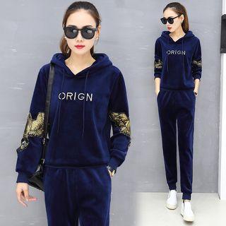 Set: Embroidered Hoodie + Velvet Jogger Pants