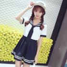 Set: Short-sleeve Sailor Collared Top + A-line Mini Skirt