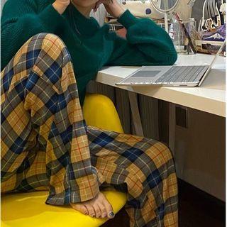 Plain Furry Knitted Top/ Plaid Wide-leg Pants