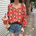 Print V-neck Loose-fit Long-sleeve Blouse