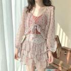 Floral Light Jacket / Ruffle Skirt / Plain Camisole Top
