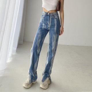 Tie-dyed Slit-hem Straight-cut Jeans