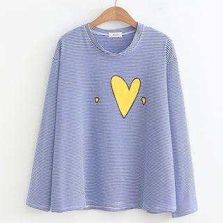 Long-sleeve Mock Neck Heart Print Striped T-shirt As Shown In Figure - One Size