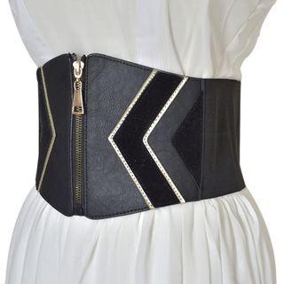 Faux Leather Front-zip Wide Belt Black - One Size