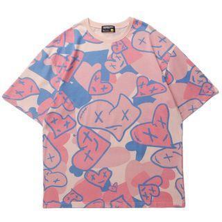 Short-sleeve Heart Pattern Print T-shirt