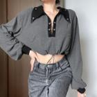 Two-tone Polo Collar Long-sleeve Crop Top