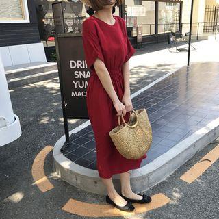 Plain Elbow Sleeve Midi Flared Dress
