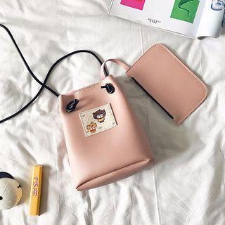 Printed Applique Faux Leather Bucket Bag