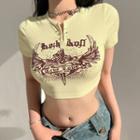 Short-sleeve Print Crop Knit Top Almond - One Size