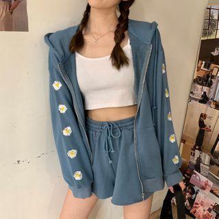 Flower Embroidered Zip Hoodie / Shorts